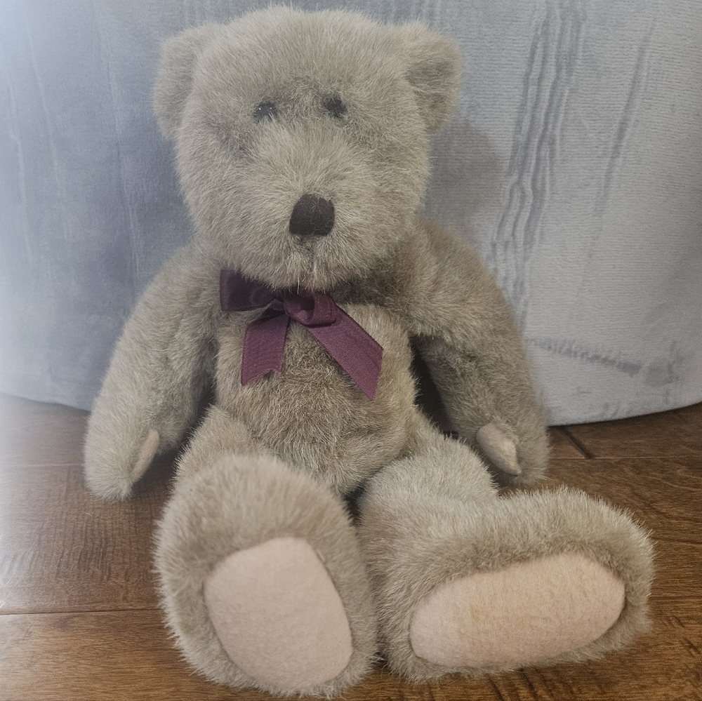 Vintage Gray Teddy Bear with Maroon Bow